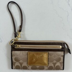 Coach Tan & Brown Wallet Wristlet with Gold Plaque